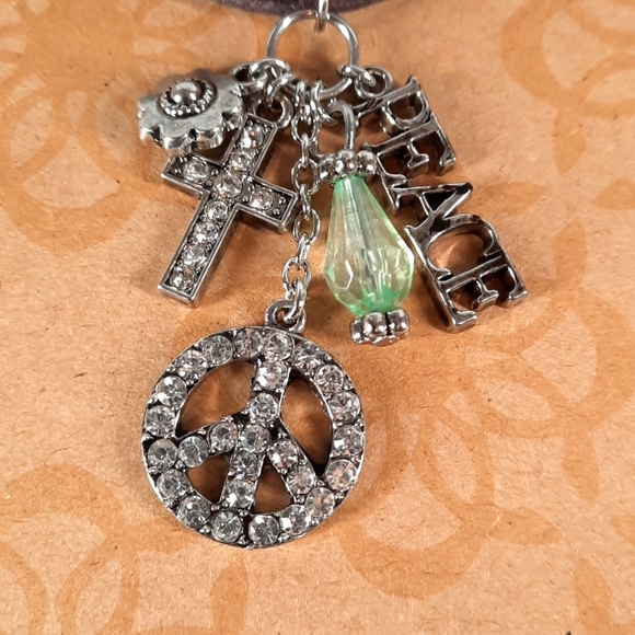 Charm Necklace Rhinestone Peace Symbol Cross Star Bead Adjustable Length - Picture 2 of 4